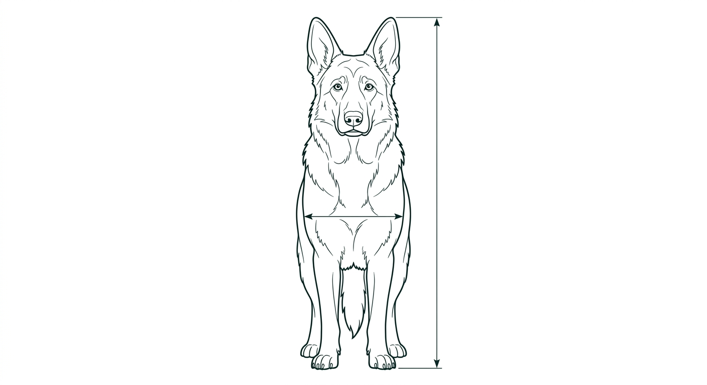 Deutscher Schäferhund Frontalansicht: Rassezeichnung mit Vermassung der Brustbreite (Illustration, KI-generiert)