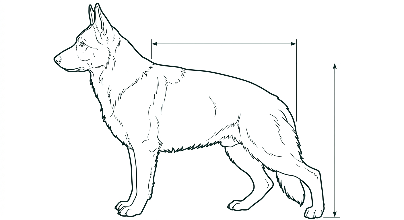 Deutscher Schäferhund Seitenansicht: Rassezeichnung mit Vermassung von Körperlänge und Widerristhöhe (Illustration, KI-generiert)