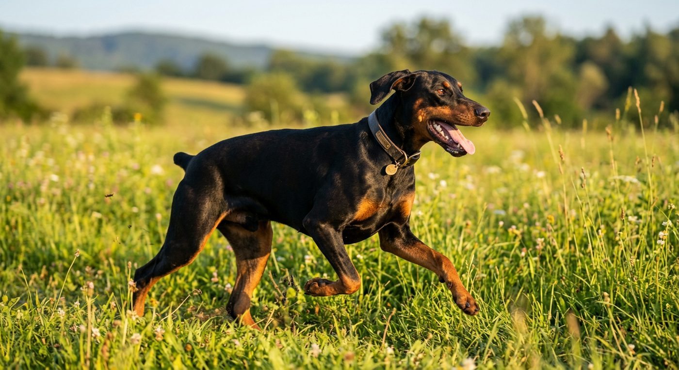 Aktiver, gesunder Dobermann beim Rennen über eine Wiese (symbolische Fotodarstellung, KI-generiert)