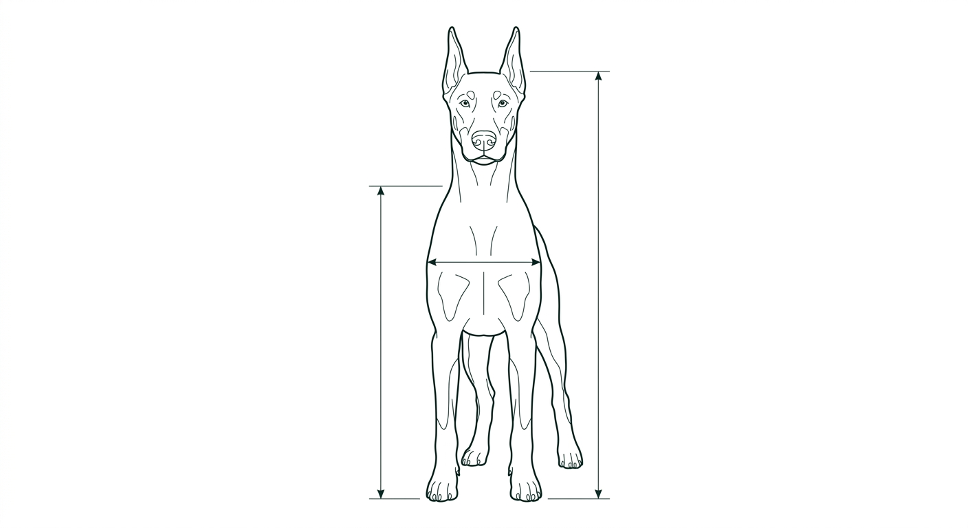 Dobermann Frontalansicht: Rassezeichnung mit Vermassung der Brustbreite (Illustration, KI-generiert)