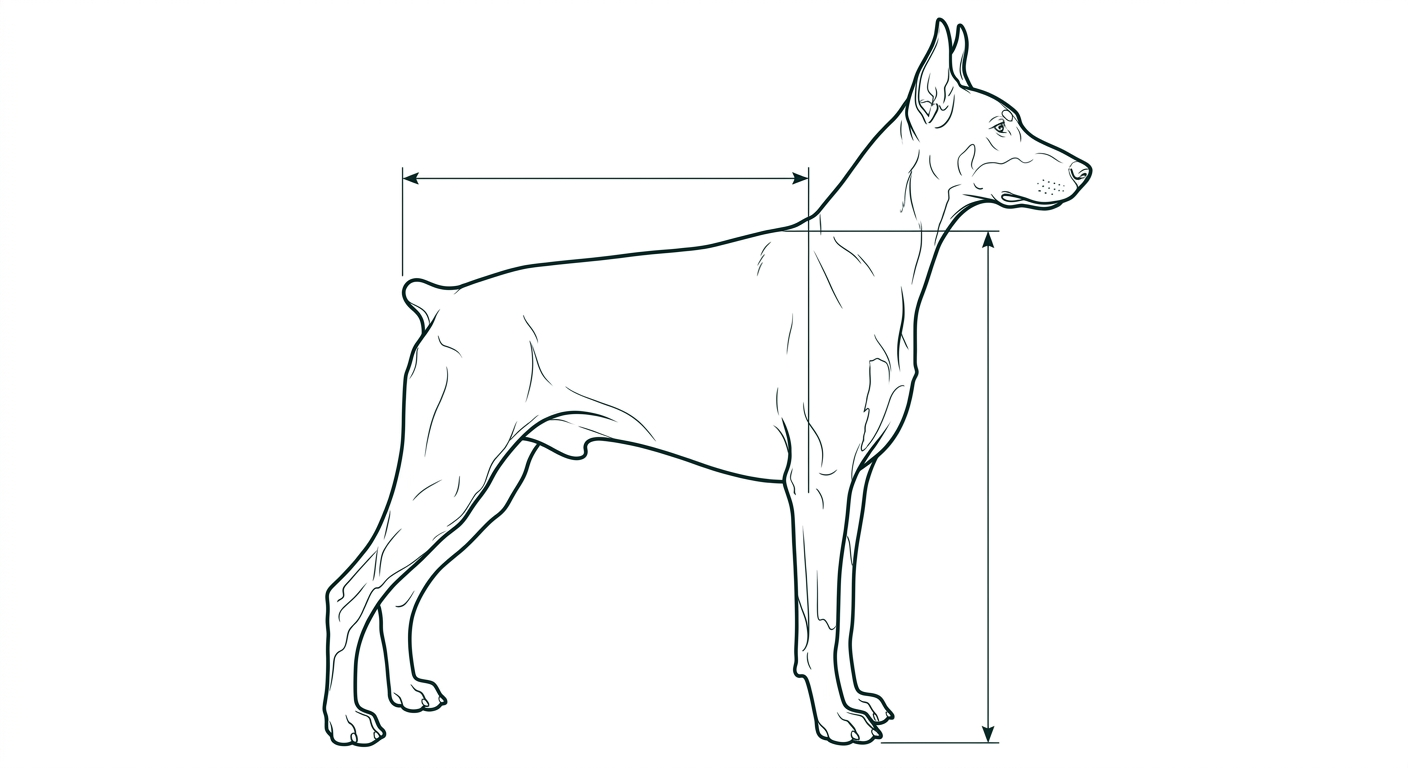 Dobermann Seitenansicht: Rassezeichnung mit Vermassung von Körperlänge und Widerristhöhe (Illustration, KI-generiert)