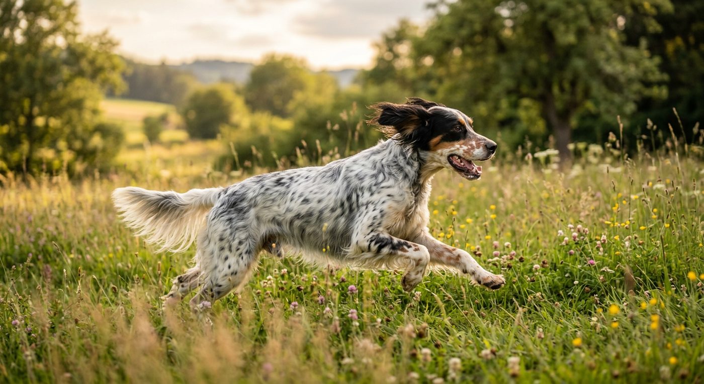 Aktiver, gesunder Englischer Setter im Freien (symbolische Fotodarstellung, KI-generiert)