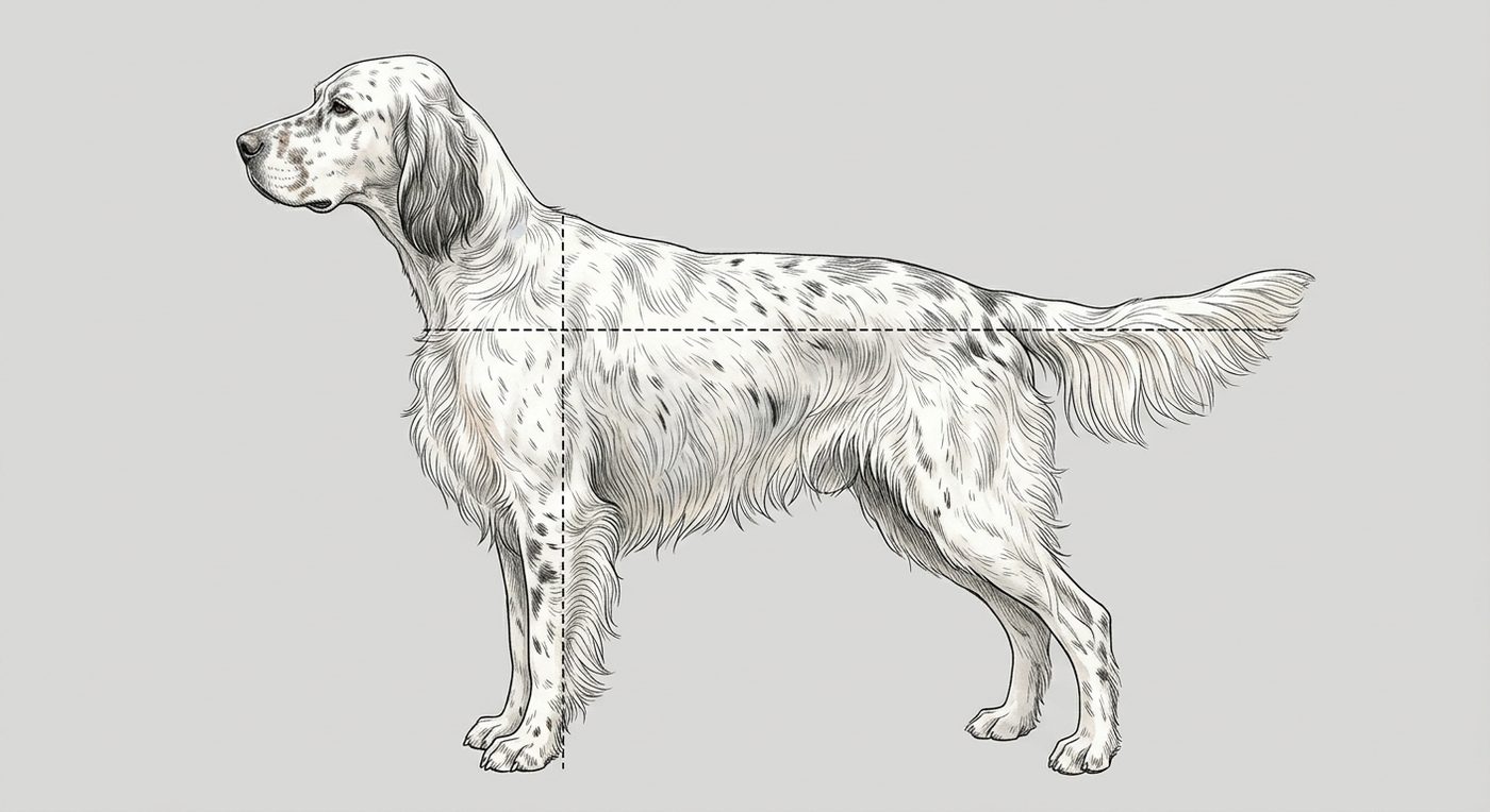 Englischer Setter Seitenansicht: Rassezeichnung mit Vermassung von Körperlänge und Widerristhöhe (Illustration, KI-generiert)