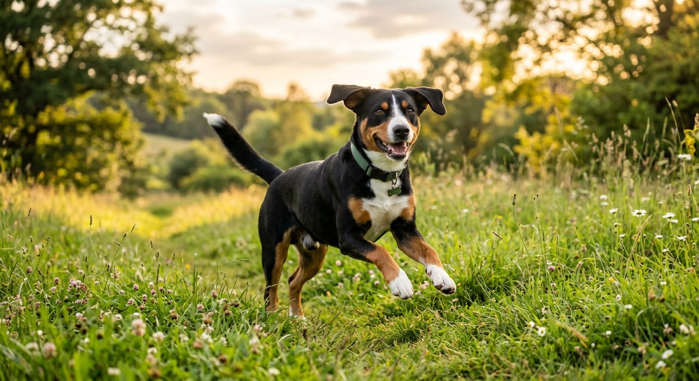 Aktiver, gesunder Entlebucher Sennenhund im Freien (symbolische Fotodarstellung, KI-generiert)