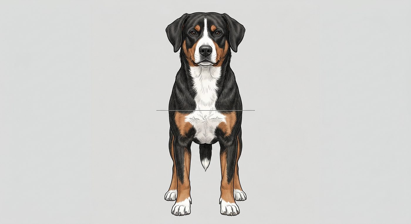 Entlebucher Sennenhund Frontalansicht: Rassezeichnung mit Vermassung der Brustbreite (Illustration, KI-generiert)
