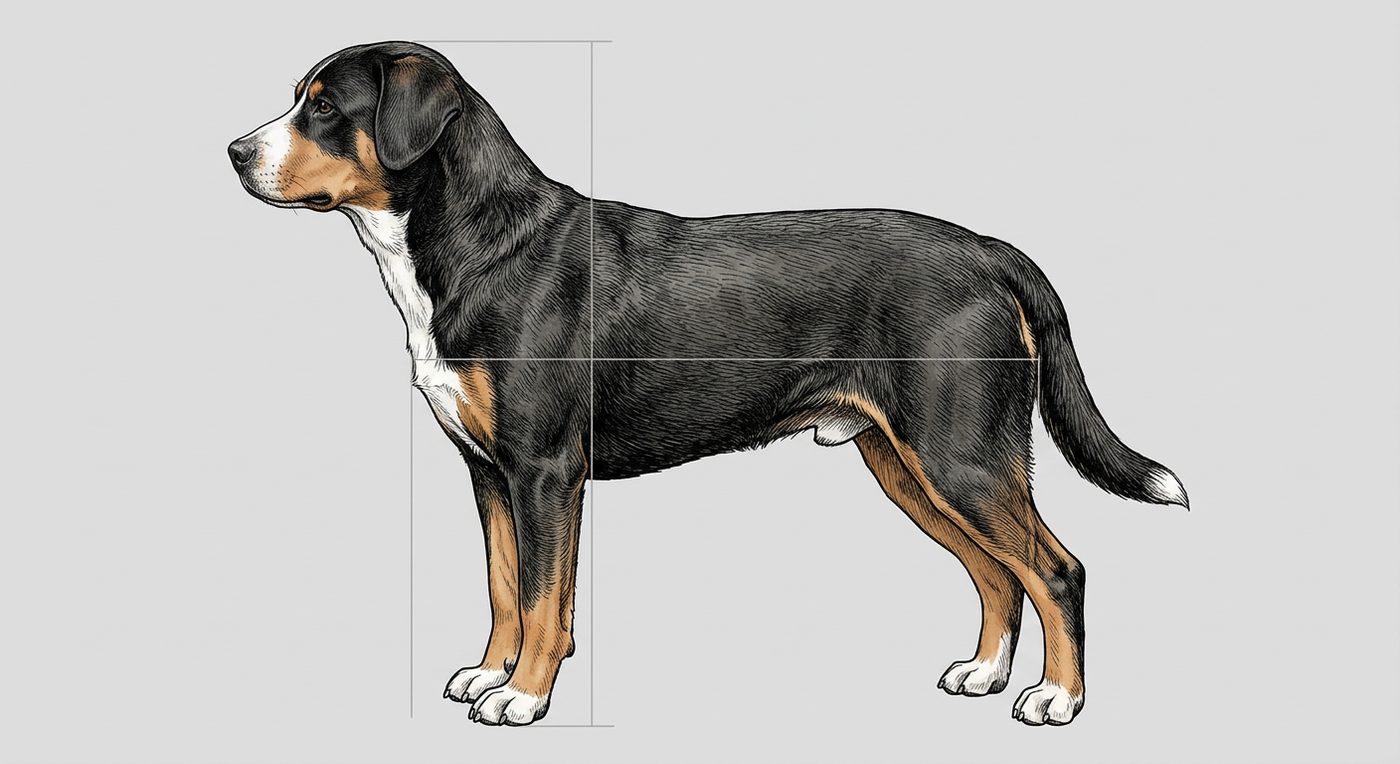 Entlebucher Sennenhund Seitenansicht: Rassezeichnung mit Vermassung von Körperlänge und Widerristhöhe (Illustration, KI-generiert)
