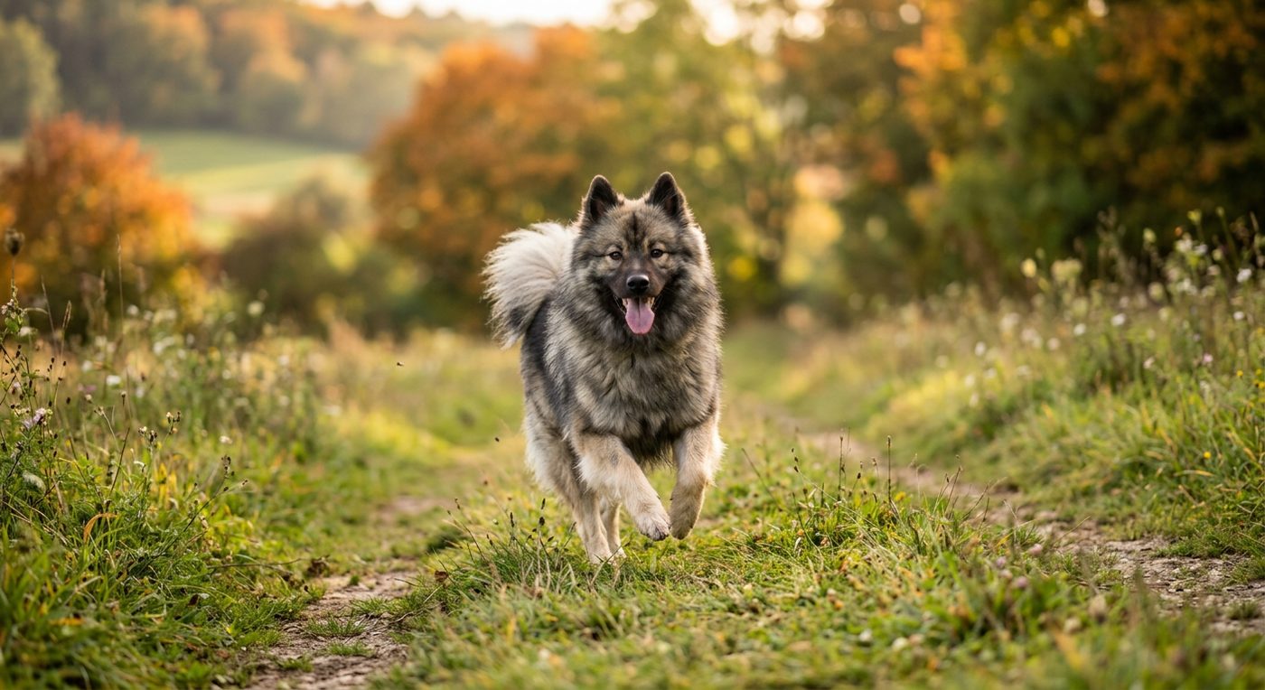 Aktiver, gesunder Eurasier im Freien (symbolische Fotodarstellung, KI-generiert)