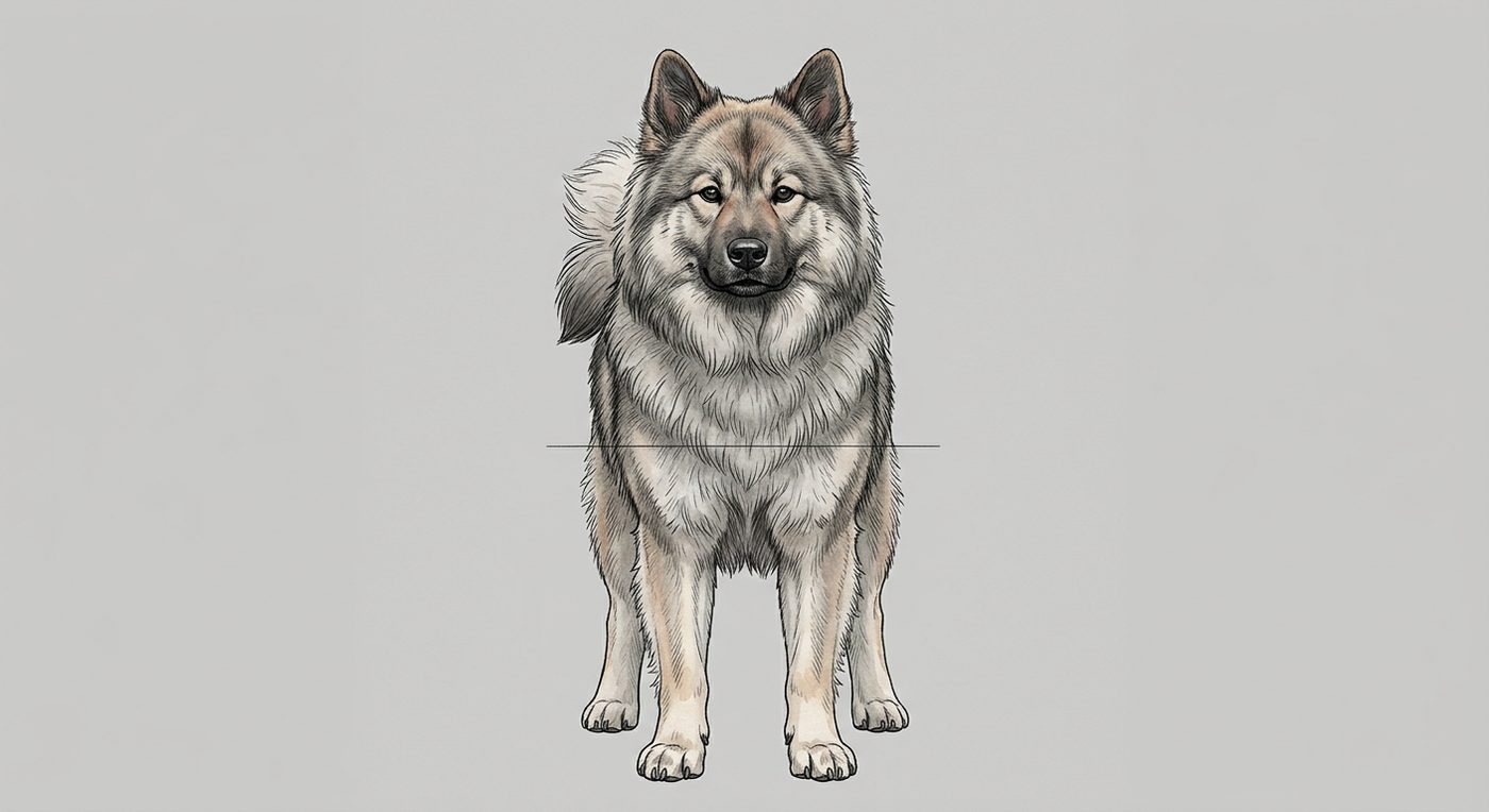 Eurasier Frontalansicht: Rassezeichnung mit Vermassung der Brustbreite (Illustration, KI-generiert)