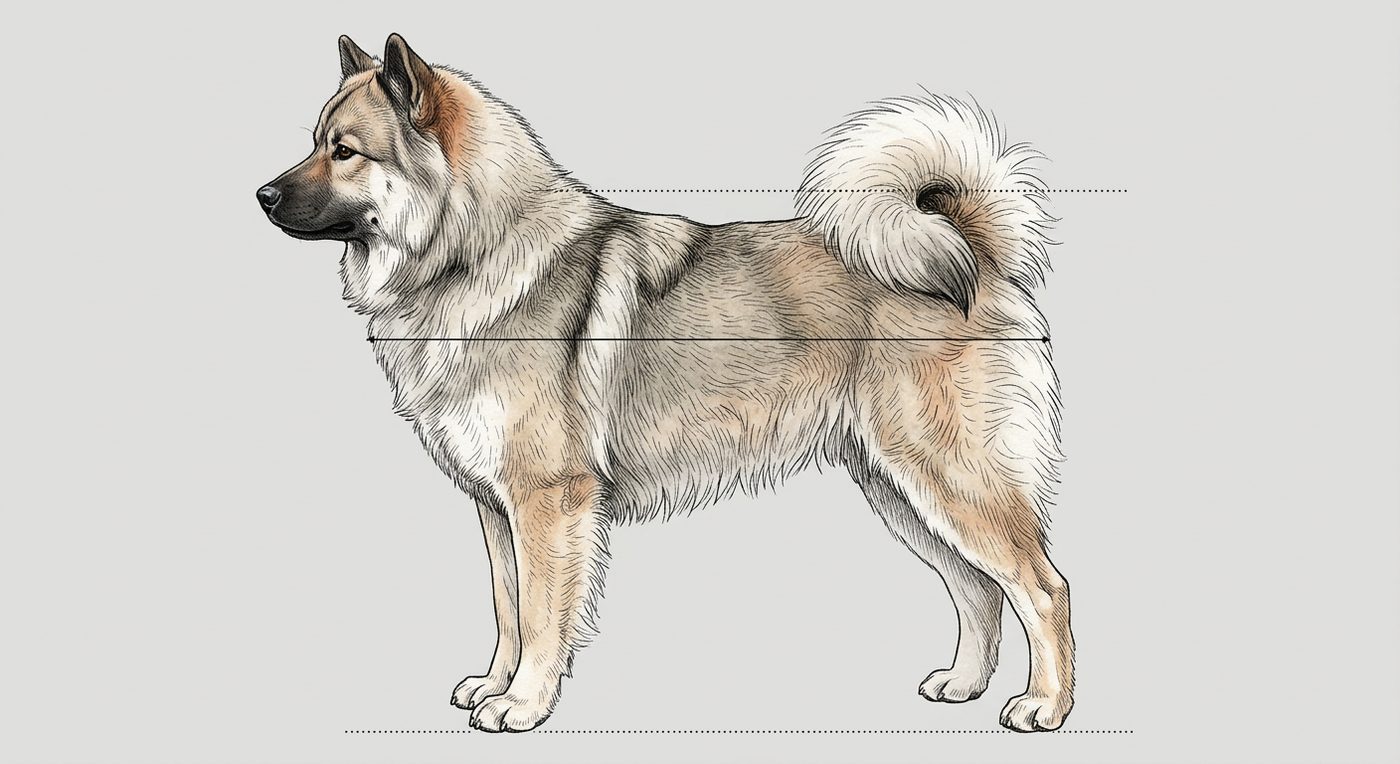 Eurasier Seitenansicht: Rassezeichnung mit Vermassung von Körperlänge und Widerristhöhe (Illustration, KI-generiert)