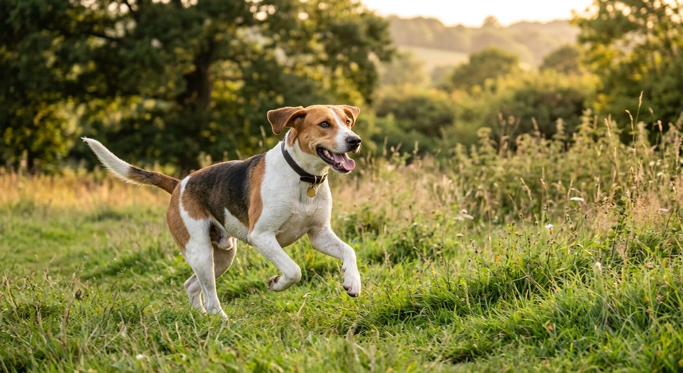 Aktiver, gesunder Foxhound im Freien (symbolische Fotodarstellung, KI-generiert)