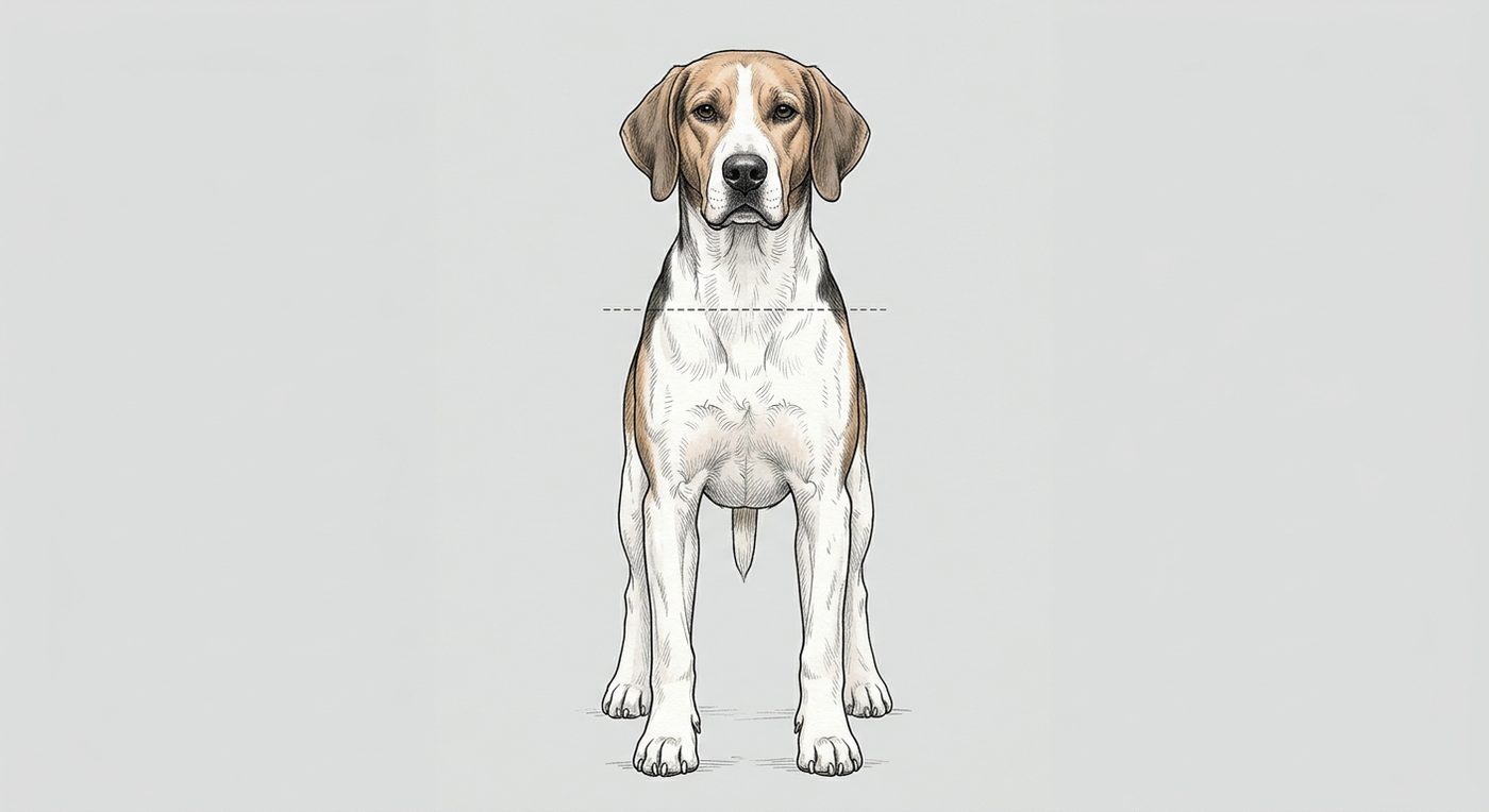 Foxhound Frontalansicht: Rassezeichnung mit Vermassung der Brustbreite (Illustration, KI-generiert)