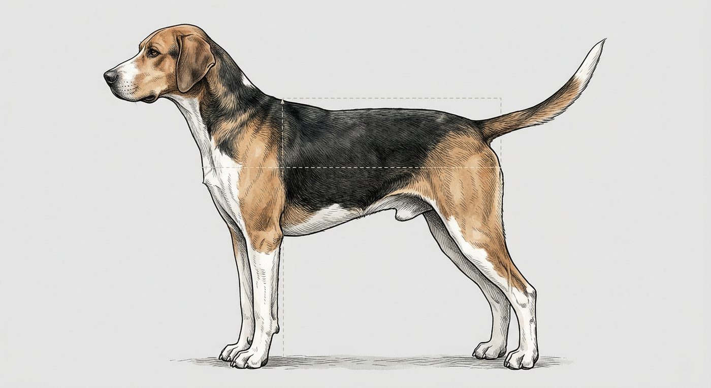 Foxhound Seitenansicht: Rassezeichnung mit Vermassung von Körperlänge und Widerristhöhe (Illustration, KI-generiert)