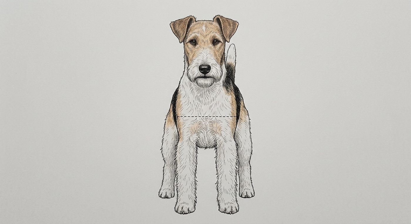 Foxterrier Frontalansicht: Rassezeichnung mit Vermassung der Brustbreite (Illustration, KI-generiert)