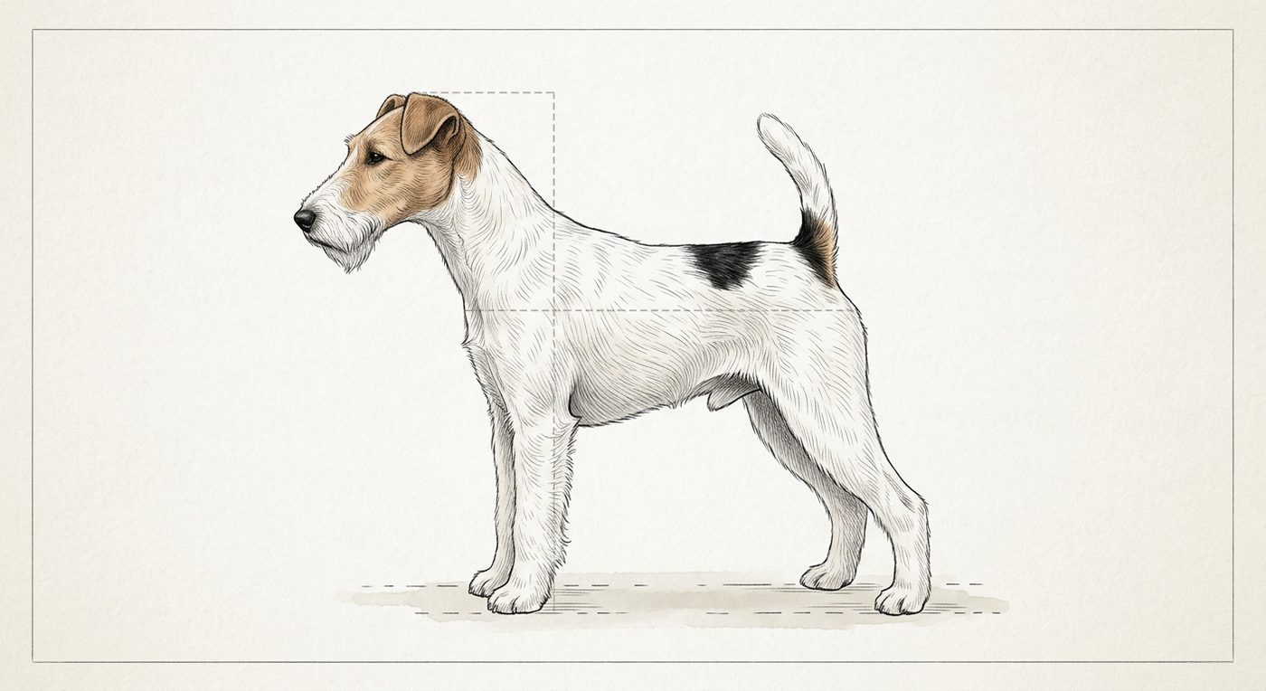 Foxterrier Seitenansicht: Rassezeichnung mit Vermassung von Körperlänge und Widerristhöhe (Illustration, KI-generiert)