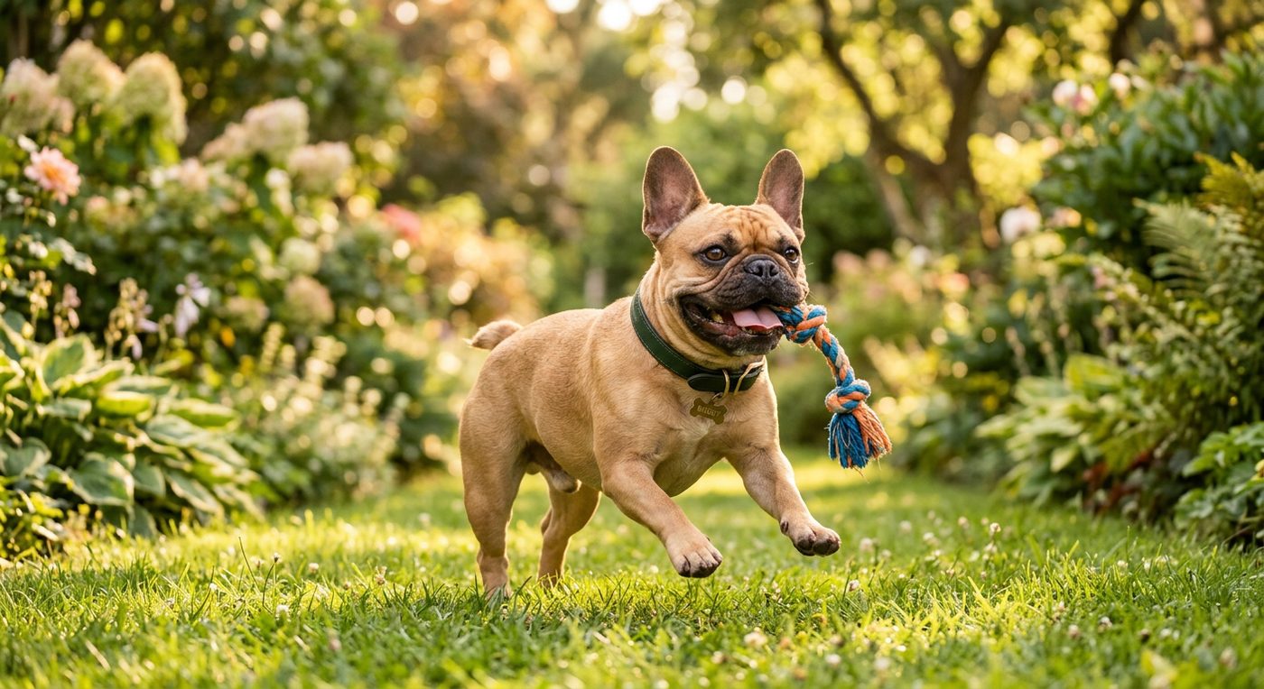 Aktive, gesunde Französische Bulldogge beim Spielen im Garten (symbolische Fotodarstellung, KI-generiert)