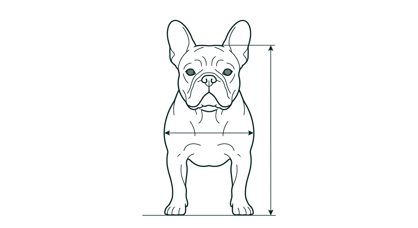 Französische Bulldogge Frontalansicht: Rassezeichnung mit Vermassung der Brustbreite (Illustration, KI-generiert)