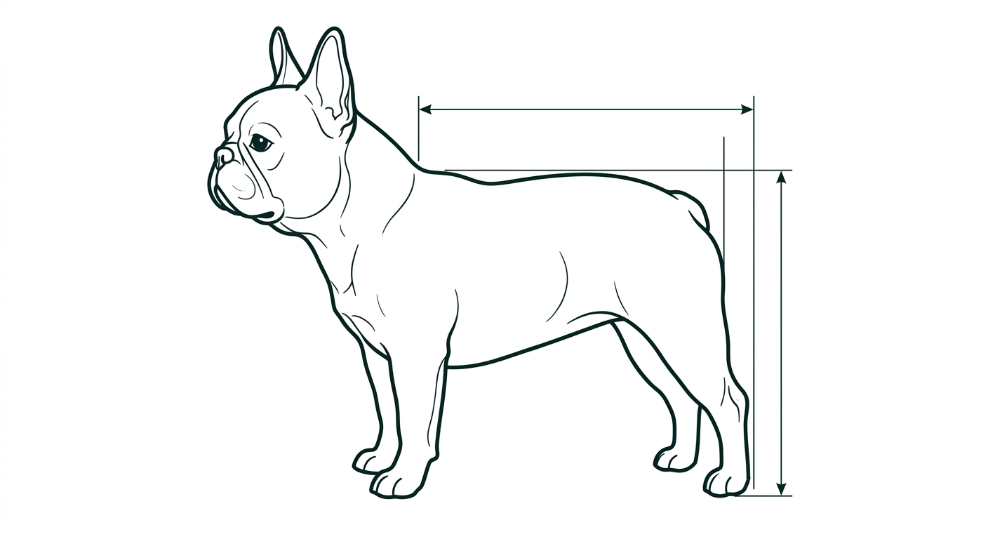 Französische Bulldogge Seitenansicht: Rassezeichnung mit Vermassung von Körperlänge und Widerristhöhe (Illustration, KI-generiert)