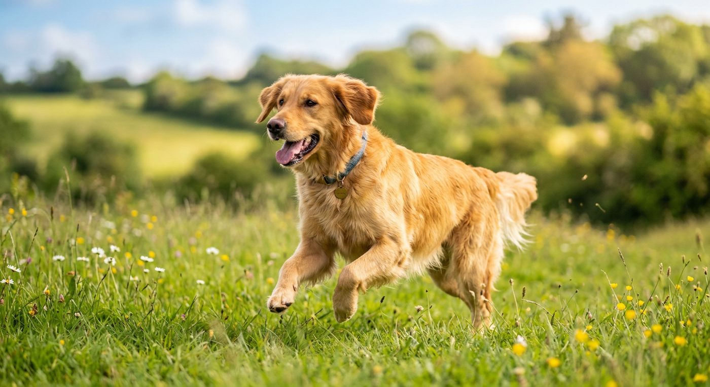 Aktiver, gesunder Golden Retriever beim Rennen über eine Wiese (symbolische Fotodarstellung, KI-generiert)