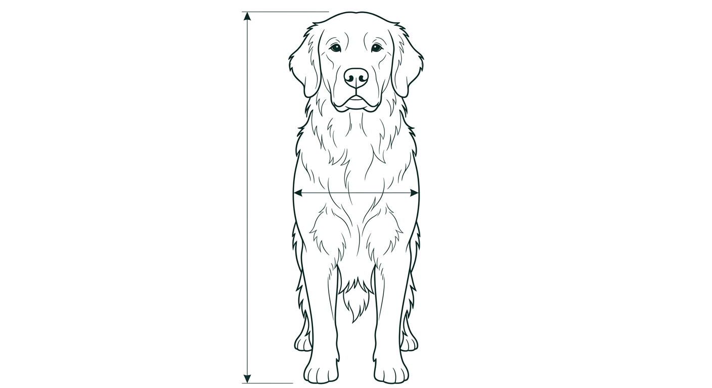 Golden Retriever Frontalansicht: Rassezeichnung mit Vermassung der Brustbreite (Illustration, KI-generiert)