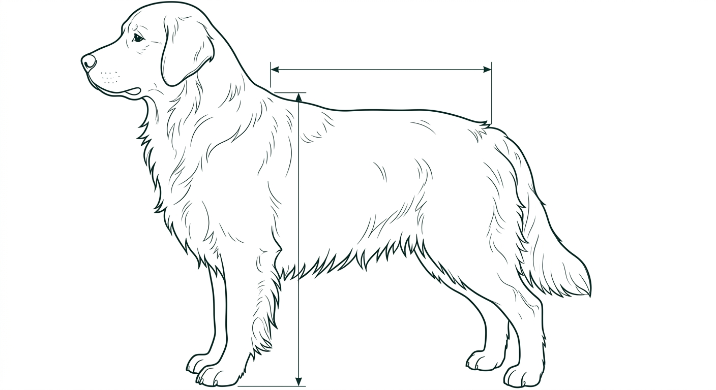 Golden Retriever Seitenansicht: Rassezeichnung mit Vermassung von Körperlänge und Widerristhöhe (Illustration, KI-generiert)