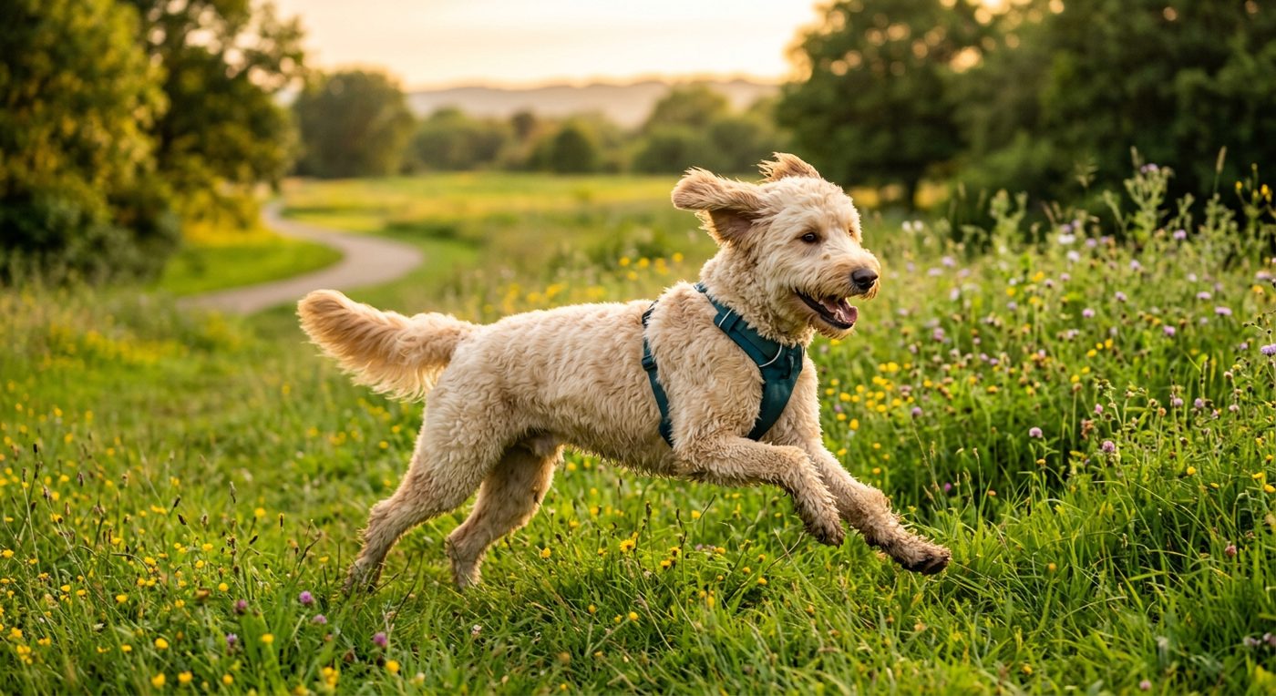 Aktiver, gesunder Goldendoodle im Freien (symbolische Fotodarstellung, KI-generiert)