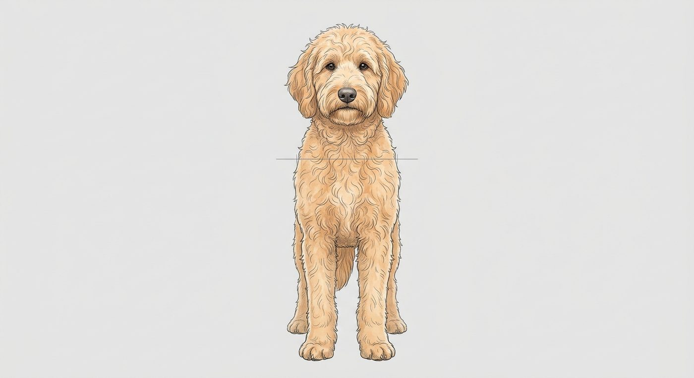 Goldendoodle Frontalansicht: Rassezeichnung mit Vermassung der Brustbreite (Illustration, KI-generiert)