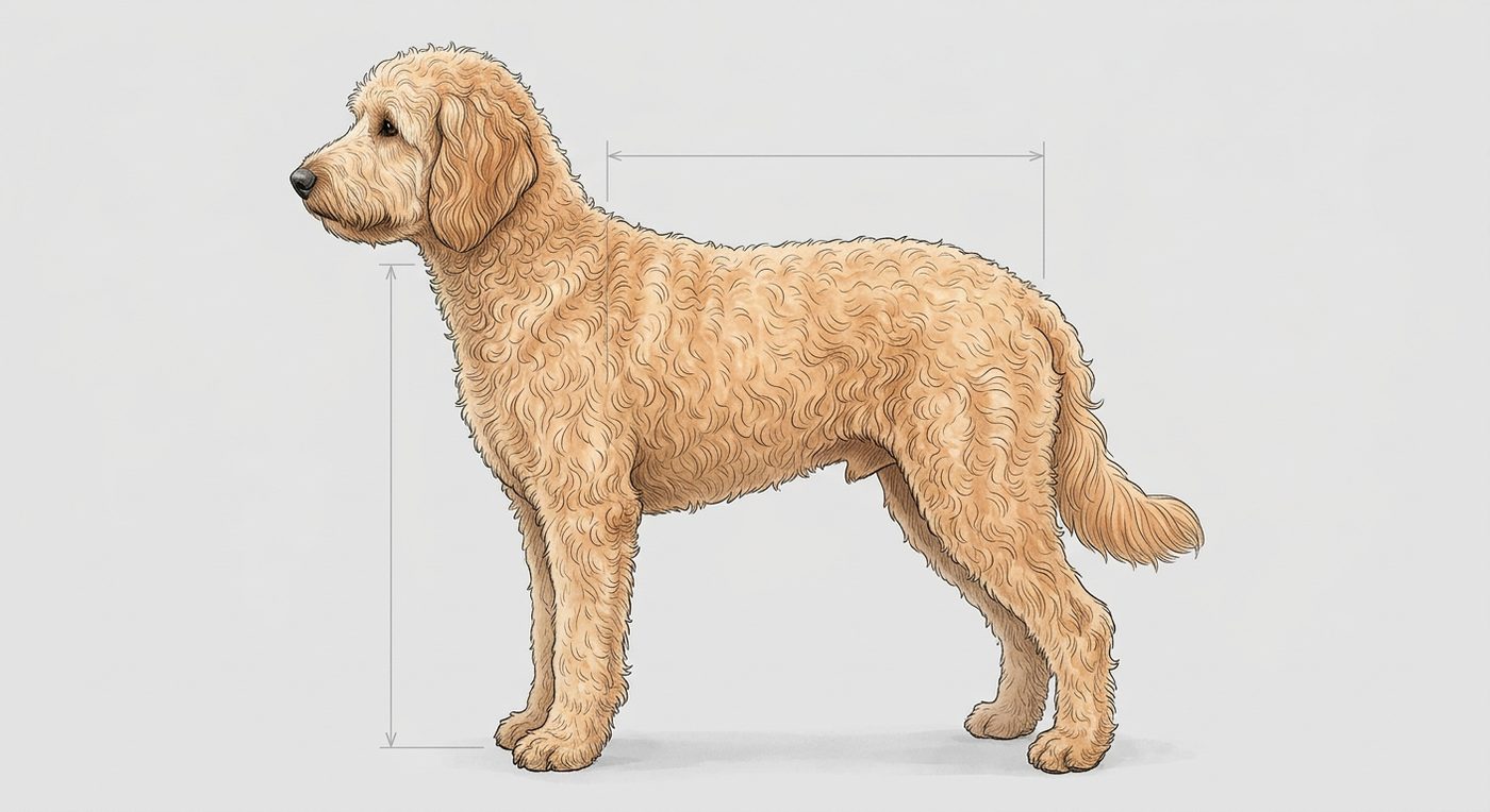 Goldendoodle Seitenansicht: Rassezeichnung mit Vermassung von Körperlänge und Widerristhöhe (Illustration, KI-generiert)