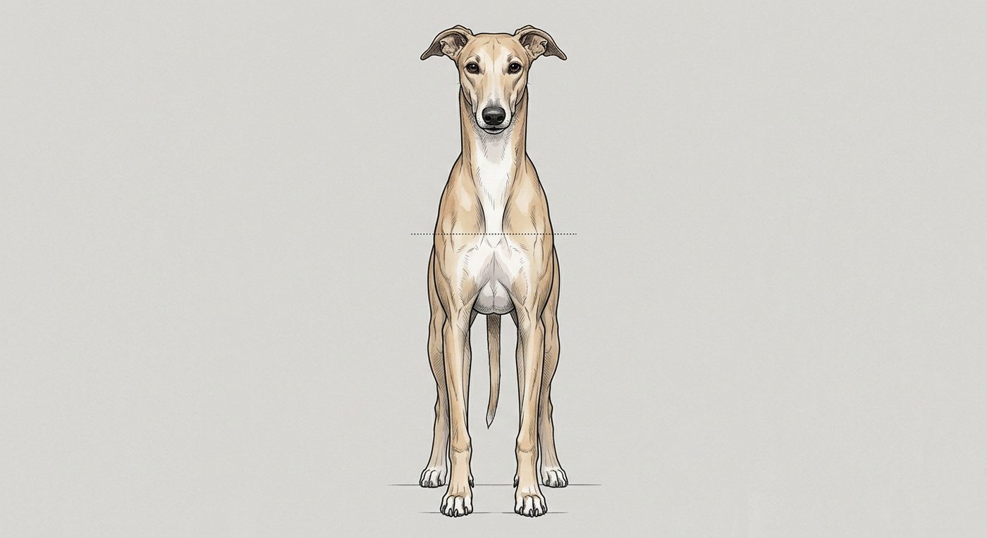 Greyhound Frontalansicht: Rassezeichnung mit Vermassung der Brustbreite (Illustration, KI-generiert)