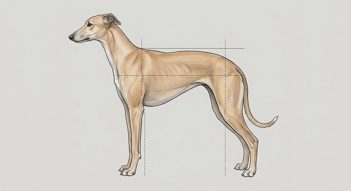 Greyhound Seitenansicht: Rassezeichnung mit Vermassung von Körperlänge und Widerristhöhe (Illustration, KI-generiert)