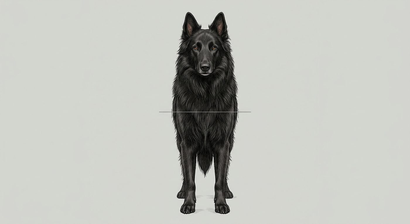 Groenendael Frontalansicht: Rassezeichnung mit Vermassung der Brustbreite (Illustration, KI-generiert)