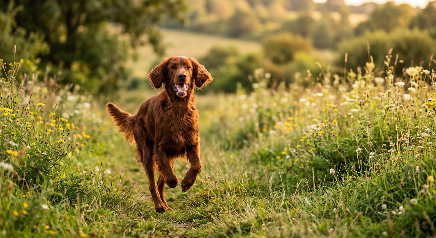 Aktiver, gesunder Irish Setter im Freien (symbolische Fotodarstellung, KI-generiert)