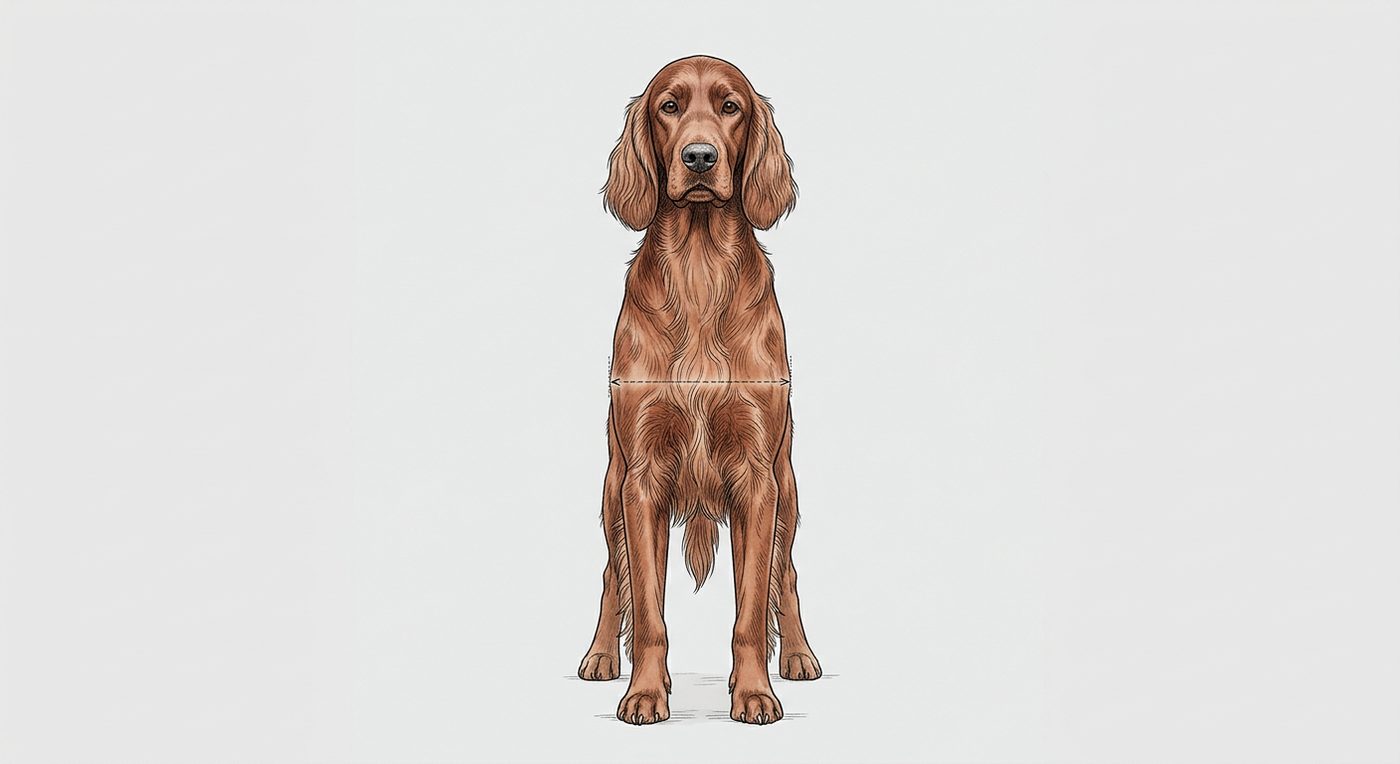 Irish Setter Frontalansicht: Rassezeichnung mit Vermassung der Brustbreite (Illustration, KI-generiert)