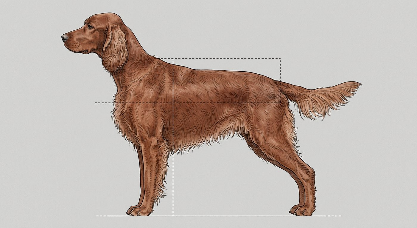 Irish Setter Seitenansicht: Rassezeichnung mit Vermassung von Körperlänge und Widerristhöhe (Illustration, KI-generiert)