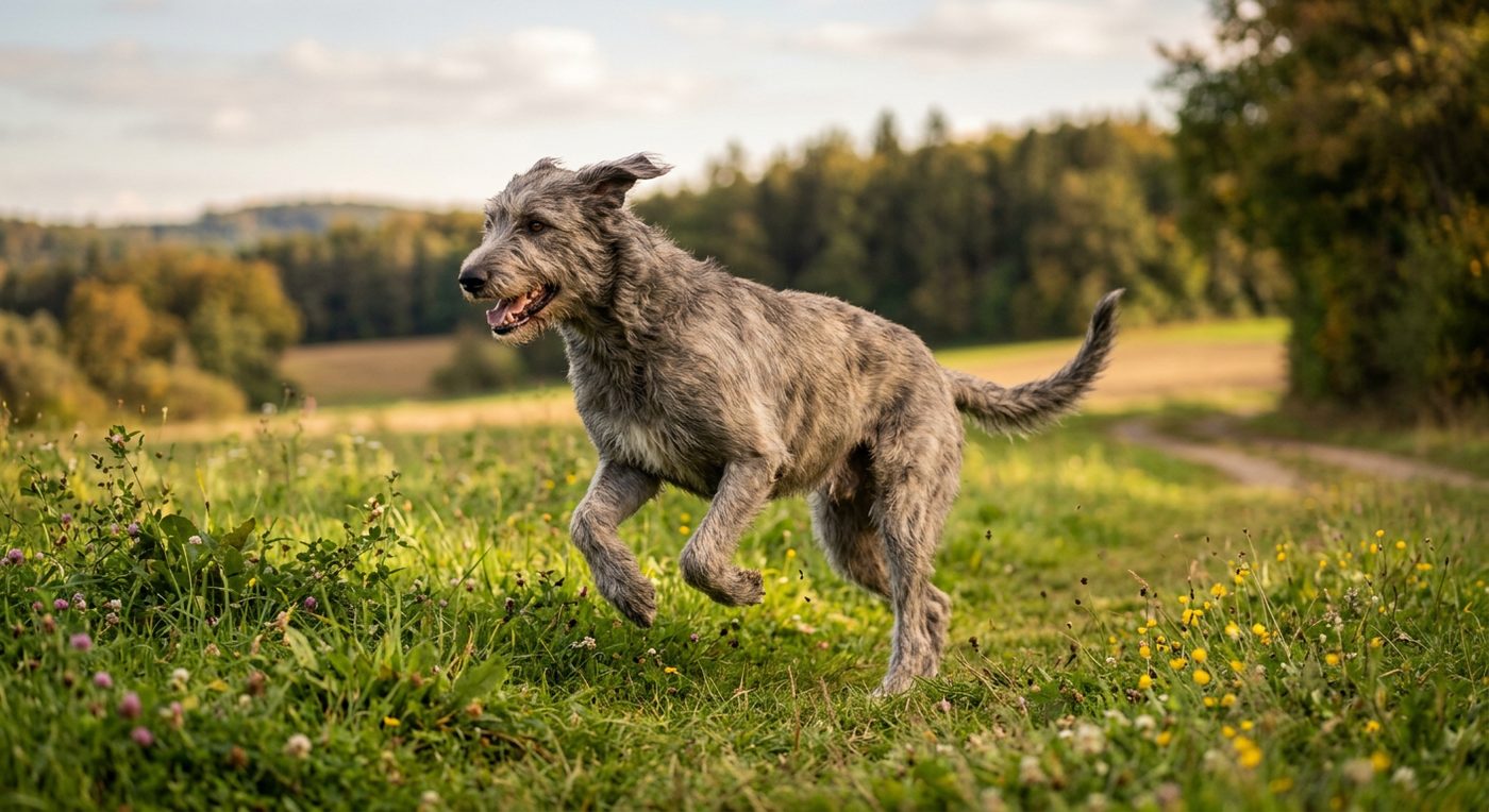 Aktiver, gesunder Irish Wolfhound im Freien (symbolische Fotodarstellung, KI-generiert)