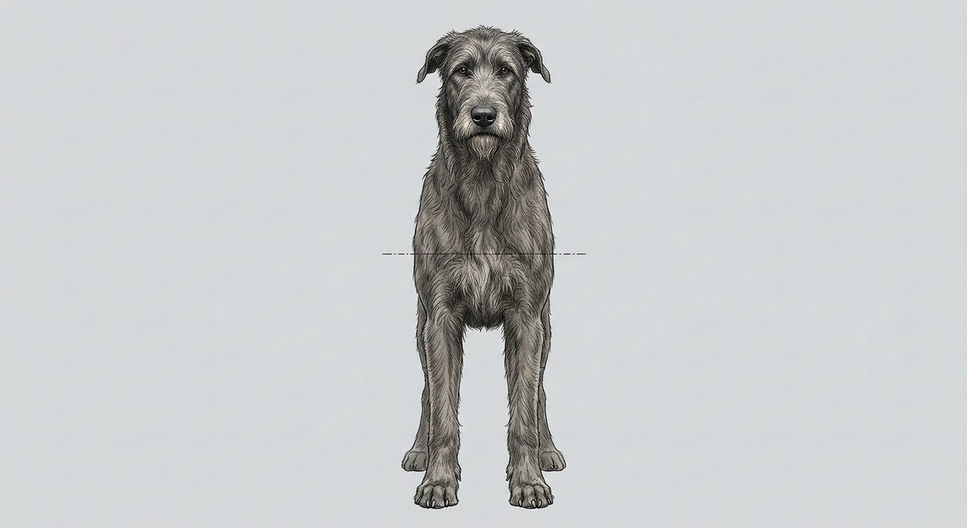 Irish Wolfhound Frontalansicht: Rassezeichnung mit Vermassung der Brustbreite (Illustration, KI-generiert)
