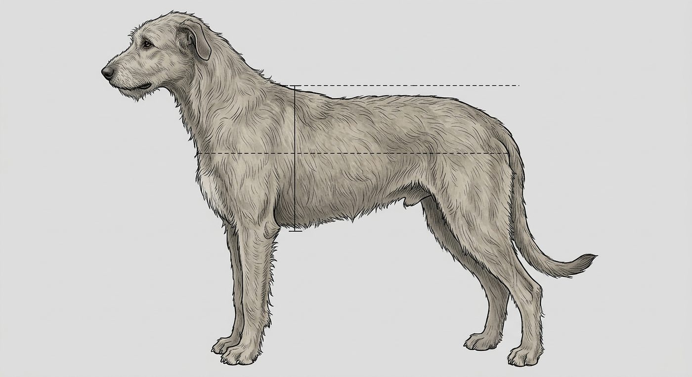 Irish Wolfhound Seitenansicht: Rassezeichnung mit Vermassung von Körperlänge und Widerristhöhe (Illustration, KI-generiert)