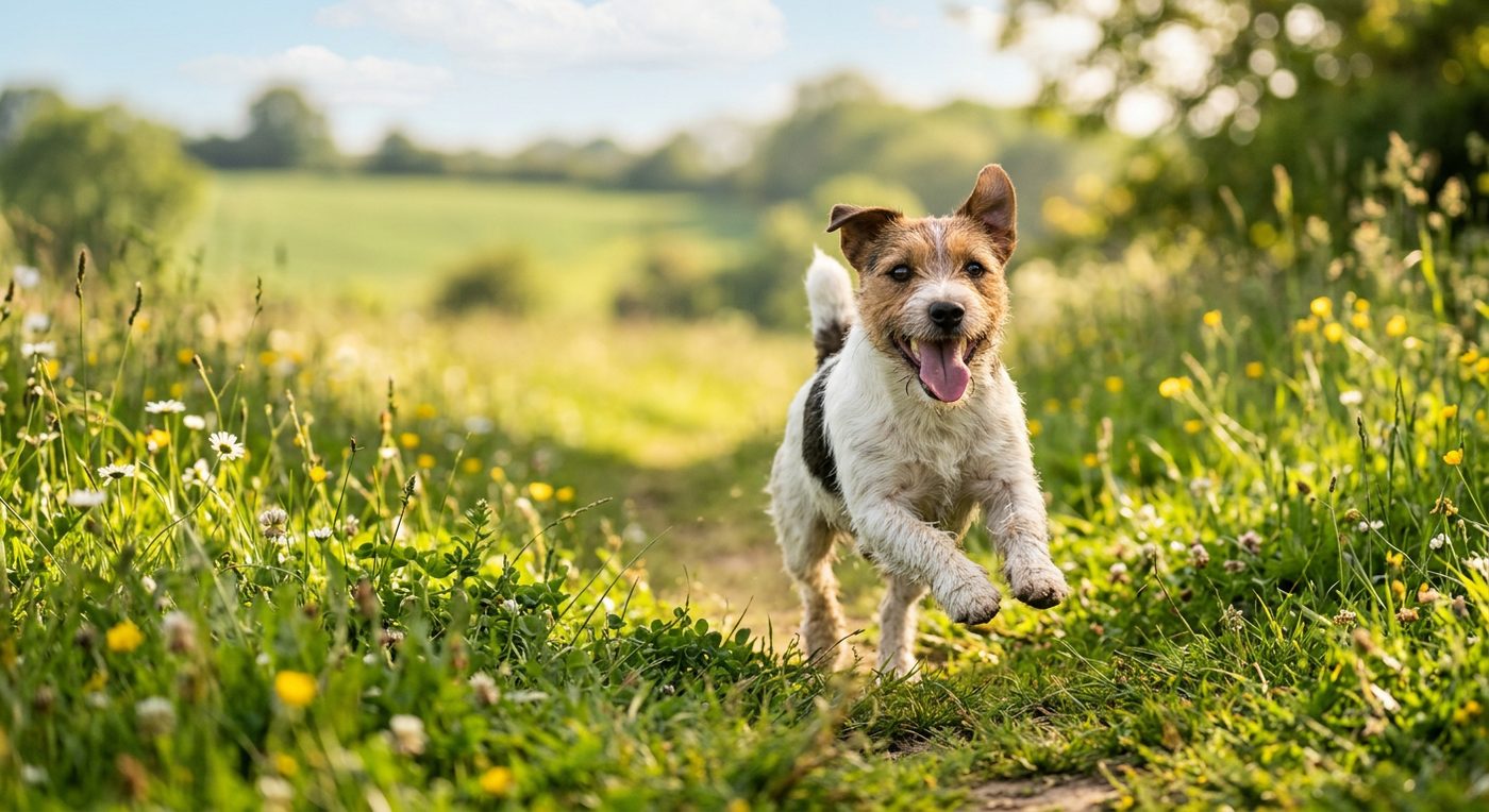 Aktiver, gesunder Jack Russell Terrier beim Rennen über eine Wiese (symbolische Fotodarstellung, KI-generiert)