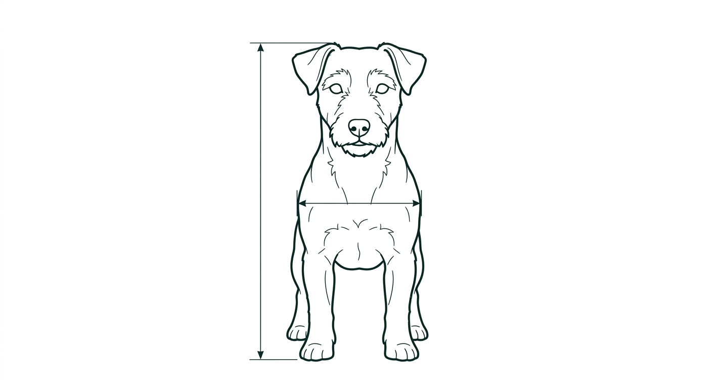 Jack Russell Terrier Frontalansicht: Rassezeichnung mit Vermassung der Brustbreite (Illustration, KI-generiert)