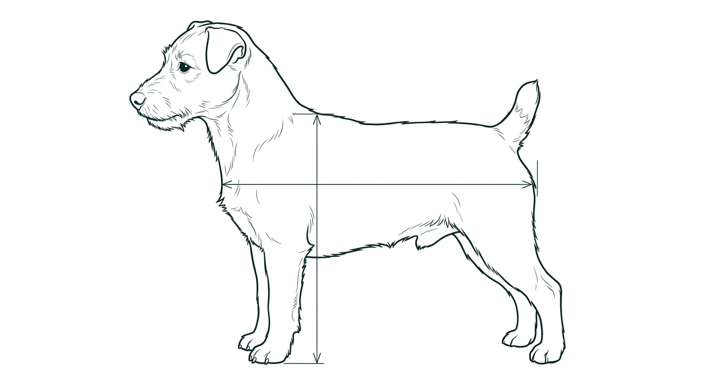 Jack Russell Terrier Seitenansicht: Rassezeichnung mit Vermassung von Körperlänge und Widerristhöhe (Illustration, KI-generiert)