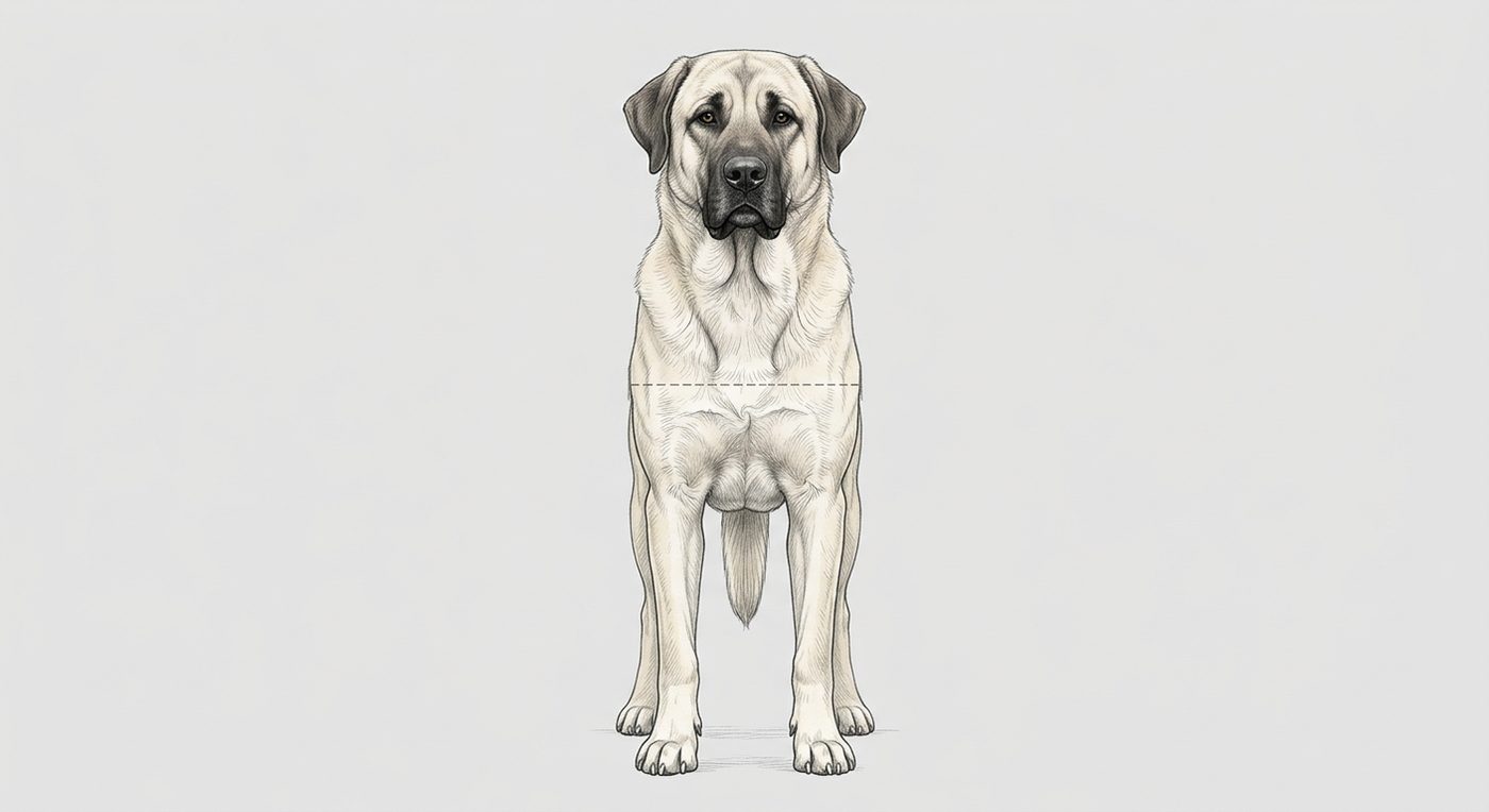 Kangal Frontalansicht: Rassezeichnung mit Vermassung der Brustbreite (Illustration, KI-generiert)