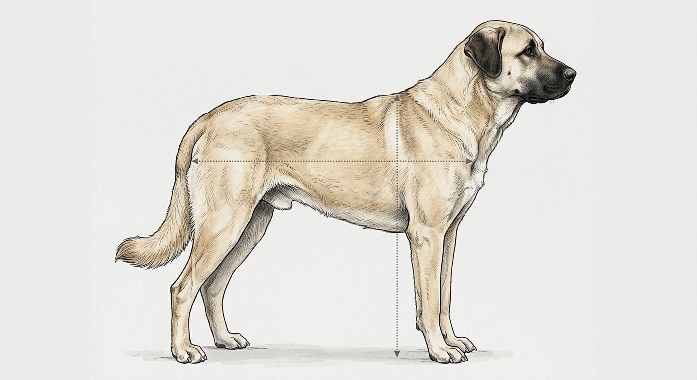 Kangal Seitenansicht: Rassezeichnung mit Vermassung von Körperlänge und Widerristhöhe (Illustration, KI-generiert)