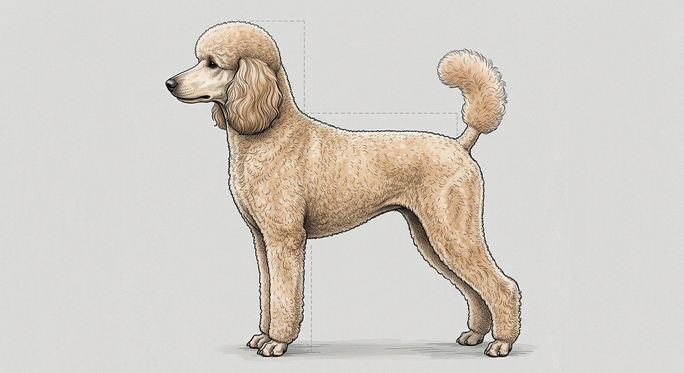 Kleinpudel Seitenansicht: Rassezeichnung mit Vermassung von Körperlänge und Widerristhöhe (Illustration, KI-generiert)