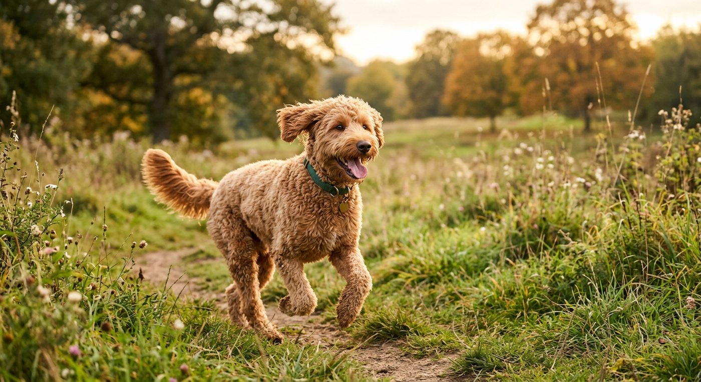 Aktiver, gesunder Labradoodle im Freien (symbolische Fotodarstellung, KI-generiert)