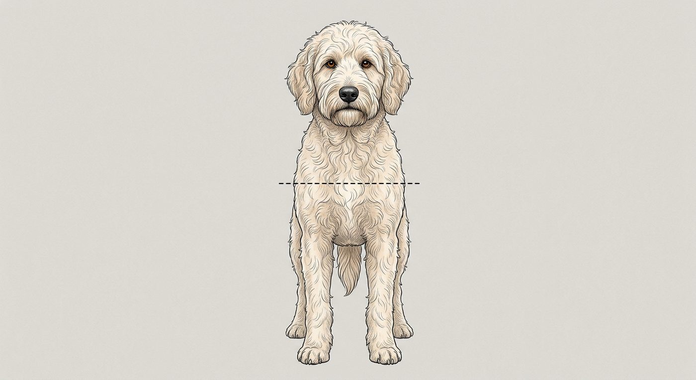 Labradoodle Frontalansicht: Rassezeichnung mit Vermassung der Brustbreite (Illustration, KI-generiert)