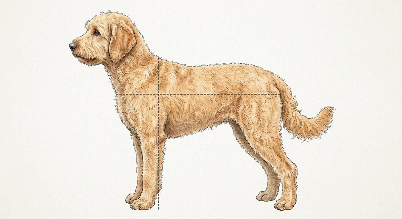Labradoodle Seitenansicht: Rassezeichnung mit Vermassung von Körperlänge und Widerristhöhe (Illustration, KI-generiert)