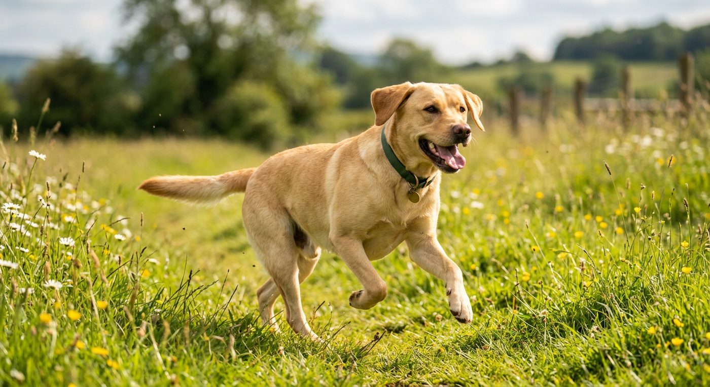 Aktiver, gesunder Labrador Retriever beim Rennen über eine Wiese (symbolische Fotodarstellung, KI-generiert)