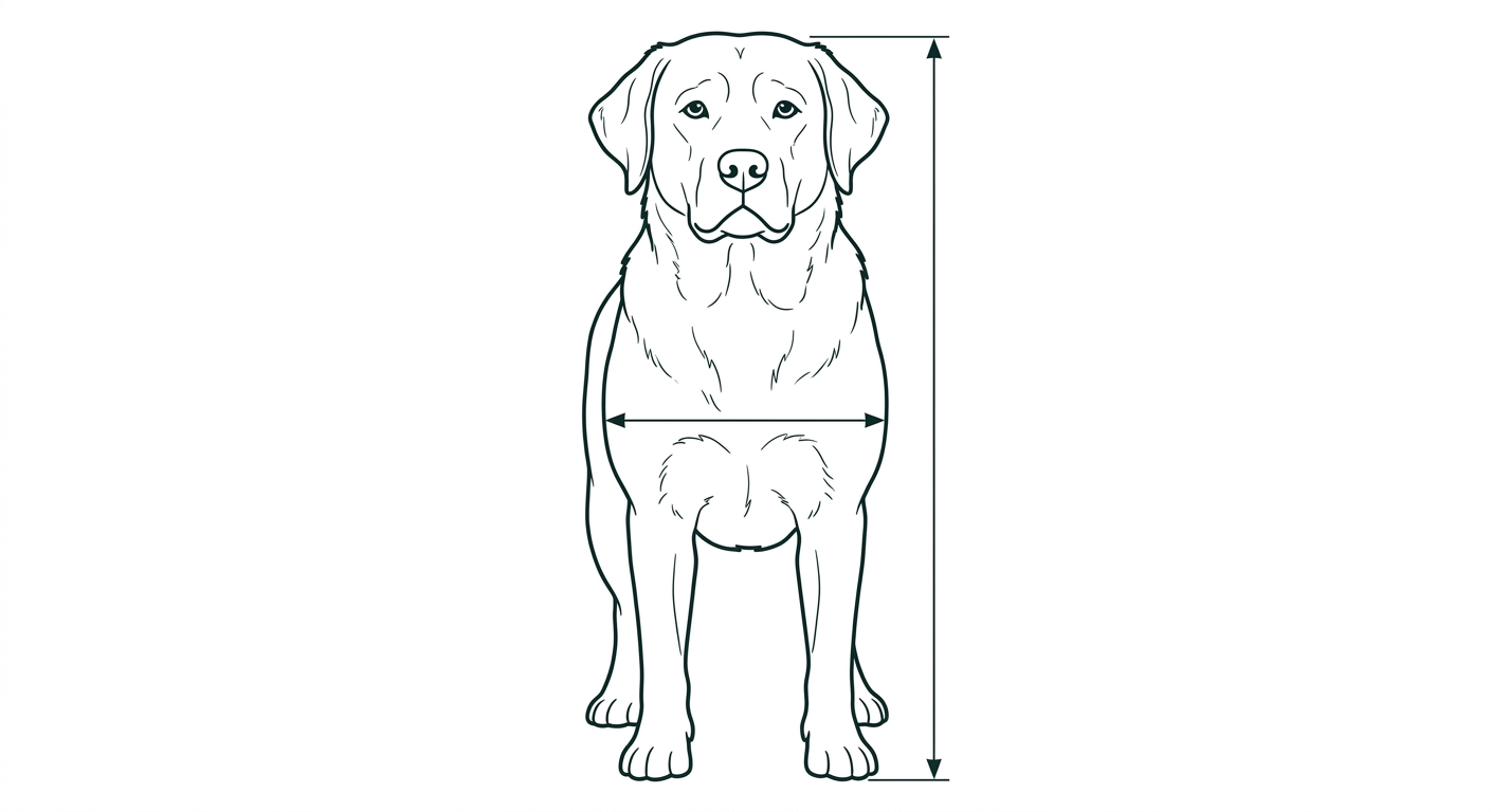 Labrador Retriever Frontalansicht: Rassezeichnung mit Vermassung der Brustbreite (Illustration, KI-generiert)
