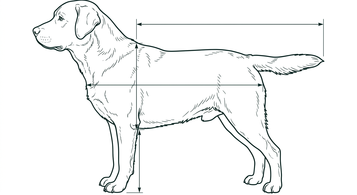 Labrador Retriever Seitenansicht: Rassezeichnung mit Vermassung von Körperlänge und Widerristhöhe (Illustration, KI-generiert)