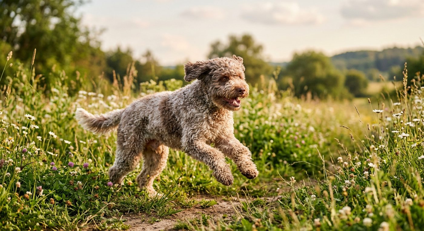 Aktiver, gesunder Lagotto Romagnolo im Freien (symbolische Fotodarstellung, KI-generiert)