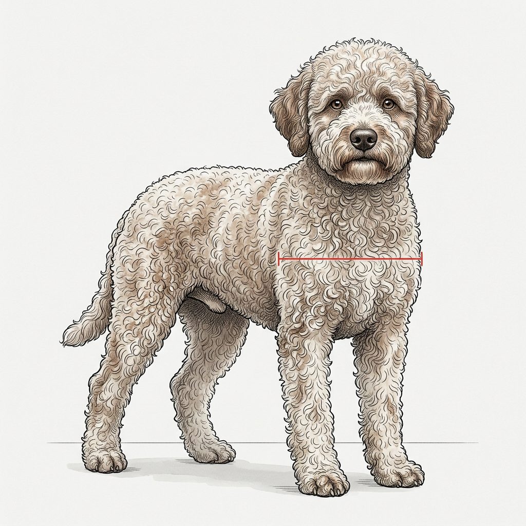 Lagotto Romagnolo Frontalansicht: Rassezeichnung mit Vermassung der Brustbreite (Illustration, KI-generiert)